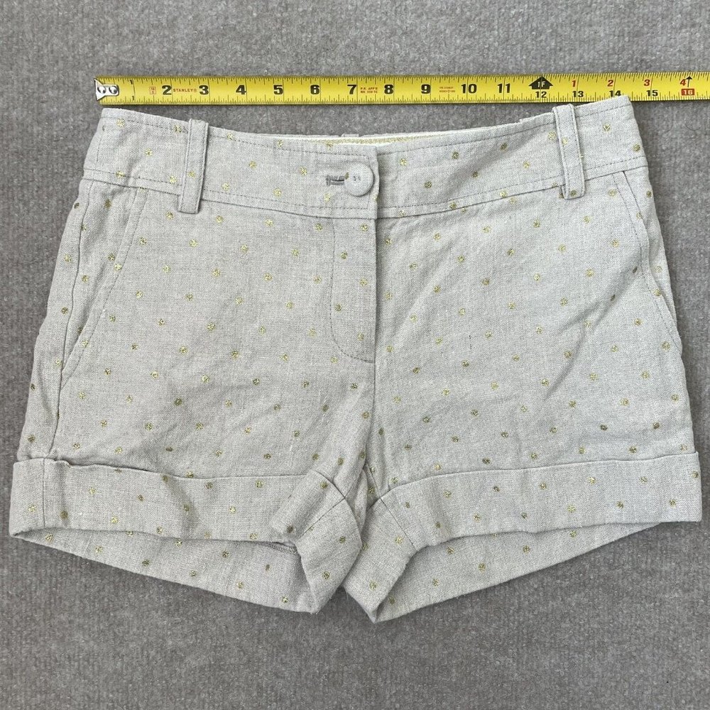 J Crew Shorts Womens 0 Beige 100% Linen Gold Glitter Polka Dots Cuffed City Fit - Picture 5 of 8